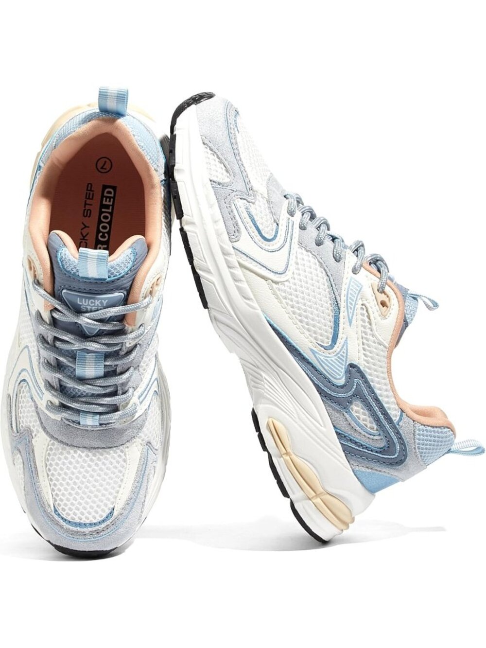 Women's White Blue Chunky Mesh Sneakers Casual Athletic Tennis Walking Shoes